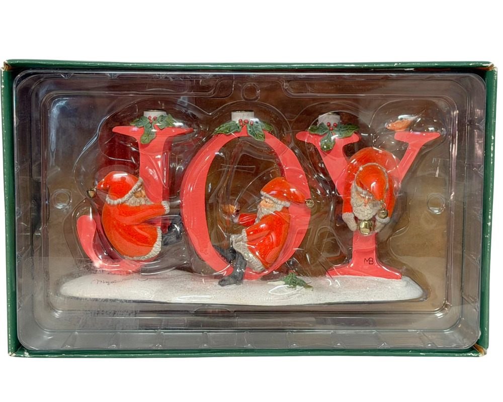 Hallmark Marjolein Bastin JOY Candleholder Flocked Santas Christmas Decor 8" New